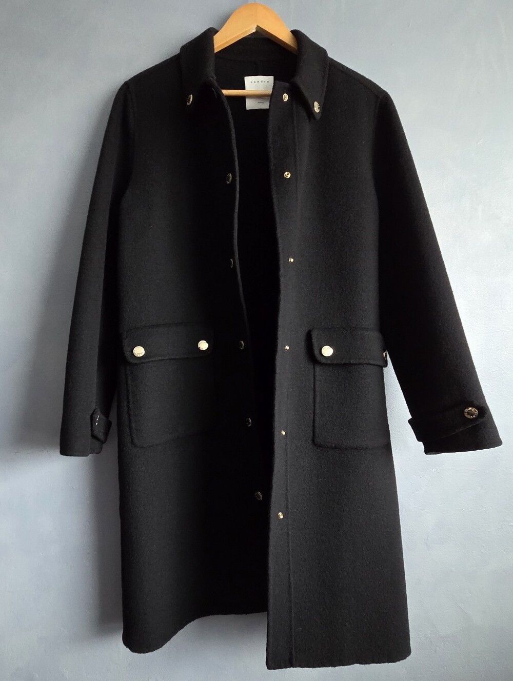 SANDRO PARIS BLACK WOOL BLEND, GOLD SNAPS MID LENGTH JACKET SIZE 38, EUC - Picture 6 of 15
